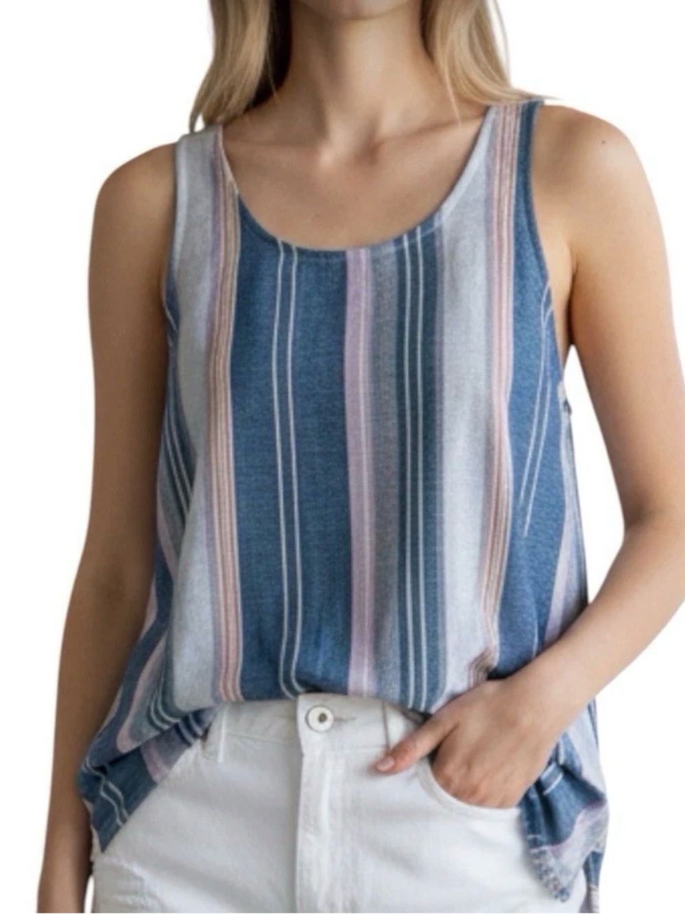 ANTHROPOLOGIE DREW Striped Linen Blend V Neck Tank Top Fringe Hem, Size xs, EUC
